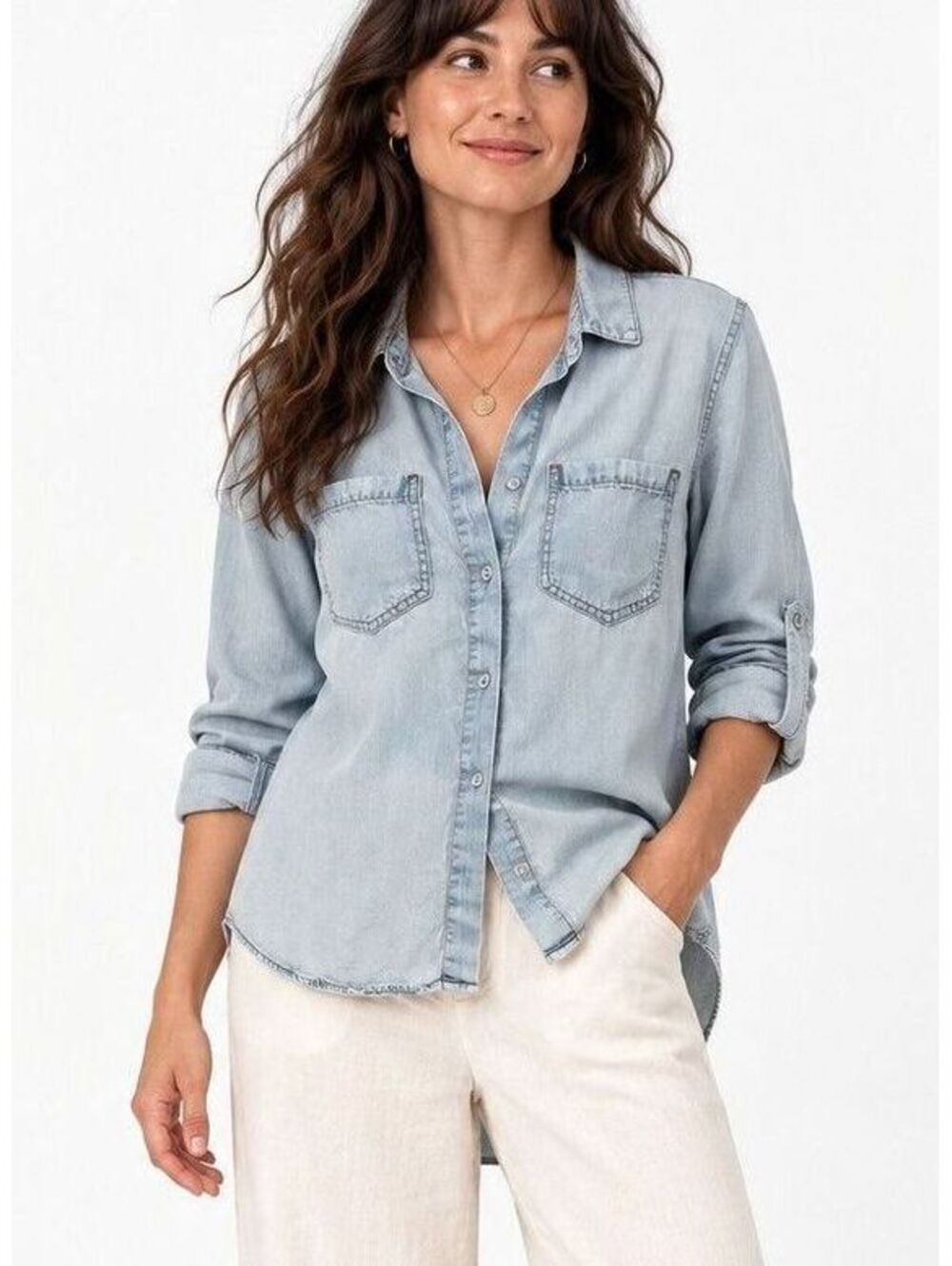 Bella Dahl Tencel Chambray Shirt Light Wash Button Down Coastal Boho Womens XS